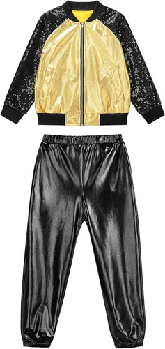 Vista 3 de TiaoBug Disfraz de baile de jazz hip hop para niños y niñas, brillante, metálico, manga larga, chaqueta bomber y pantalones deportivos