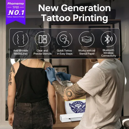 Vista 3 de Phomemo Impresora de plantillas de tatuaje actualizada, TP81 impresora de tatuaje Bluetooth con 10 piezas de papel de transferencia, compatible