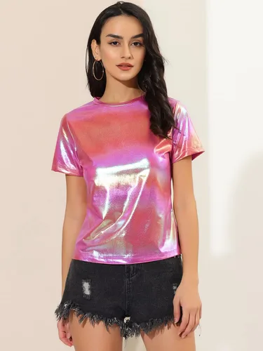 Vista 3 de Allegra K Top multicolor brillante de manga corta con textura metálica para mujer