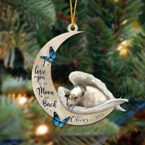 Vista 160 de Adorno colgante personalizado de ángel durmiendo en la luna, perro sabueso afgano, nombre personalizado, acrílico impreso en 2D plano – cumpleaños