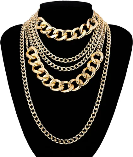 Vista 4 de Collar grueso en capas para mujer, cadena de eslabones cubanos dorados, mosquetón, collar punk, gargantilla gruesa, regalo de joyería