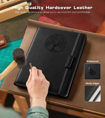 Vista 3 de Cuaderno rayado para mujeres y hombres, 256 páginas, tamaño A4, grande, de tapa dura, de cuero, para escribir, viajes, negocios, trabajo, escuela