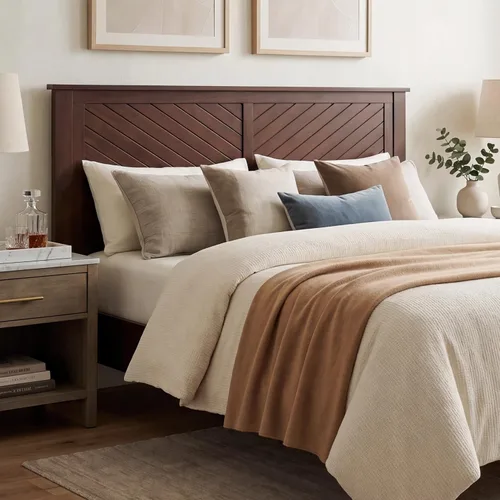 Vista 40 de ComfIQ Serene - Cabecera de madera de álamo tamaño completo en negro, panel de granja moderno con ranurado en chevron, estilo costero casual, fácil