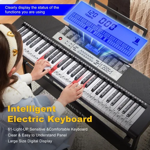 Vista 5 de Teclado de piano de 61 teclas, piano eléctrico con teclas iluminadas, 255 tonos/ritmos, sistema de aprendizaje inteligente, auriculares, micrófono