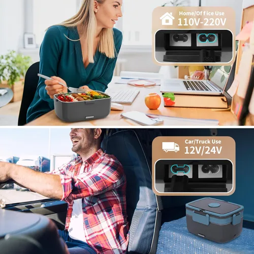 Vista 4 de Geveniss Fiambrera eléctrica para hombres, mujeres y adultos, calentamiento rápido de 80 W, lonchera térmica con recipientes dobles SS de 1.5 L
