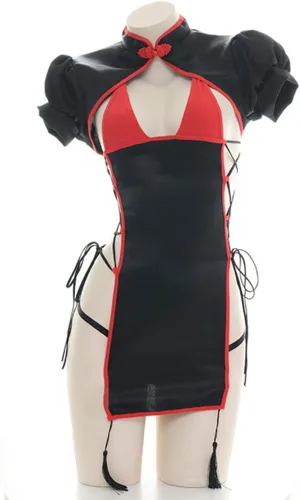 Vista 2 de Yameidie Vestido chino Cheongsam para mujer, lencería de anime para cosplay, con abertura alta, Qipao tradicional (negro), Negro