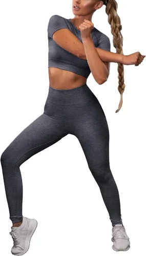 Vista 5 de LYANER Conjuntos de entrenamiento para mujer, camiseta corta de manga corta y leggings de cintura alta, conjuntos de yoga de 2 piezas