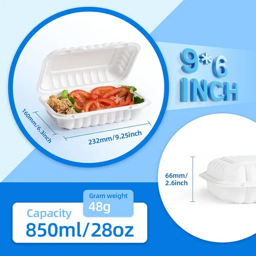 Vista 3 de YANGRUI Contenedores para Alimentos de 9 x 6 pulgadas, 28 onzas, paquete de 50 unidades – Envuelto en Plástico PP Relleno de Minerales Libre de BPA