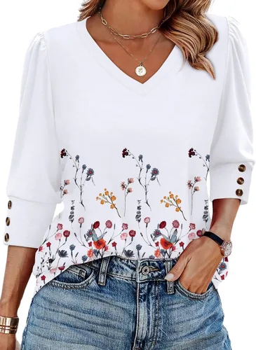 Vista 7 de XIEERDUO - Blusas de manga 3/4 para mujer, cuello en V, con botones, estilo A-blanco