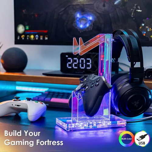 Vista 62 de OAPRIRE Headset and Controller Stand with Lights, 2 Tier Acrylic Game Controller Holder, Controller and Headset Stand for Desktop,Universal Design