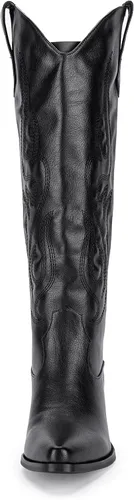 Vista 3 de Pasuot Botas vaqueras occidentales para mujer, botas vaqueras negras hasta la rodilla, pantorrilla ancha con bordado occidental, puntera puntiaguda