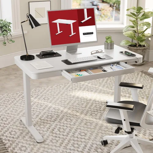 Vista 2 de SANODESK Escritorio eléctrico de una pieza ajustable en altura con cajón Blanco