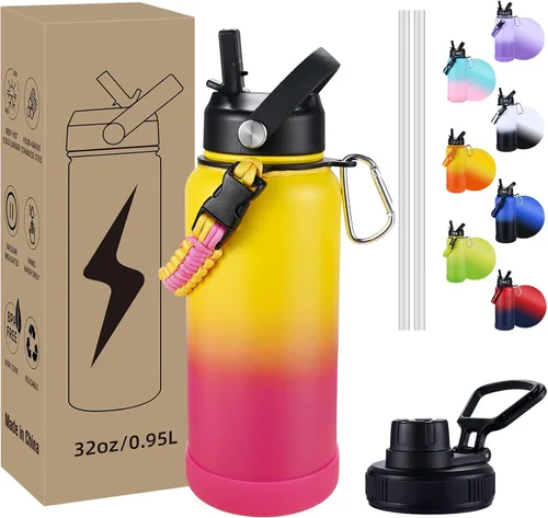 Vista 11 de Botella de Agua Aislada, botellas de agua de boca ancha de acero inoxidable de 32 onzas con 2 tapas a prueba de fugas y mango de paracord, botella