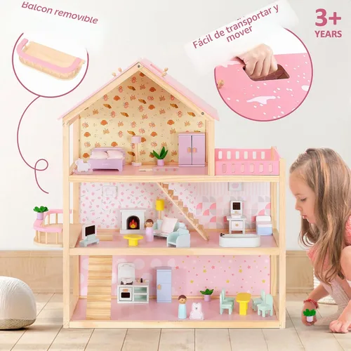 Vista 5 de Pillowhale - Casa de muñecas de madera, moderna casa de muñecas con accesorios para muebles Rosa