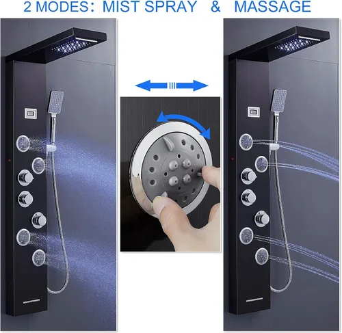 Vista 6 de Sistema de torre de paneles de ducha LED, sistema de panel de ducha de baño de acero inoxidable SUS304 con 4 chorros de cuerpo, lluvia, cascada