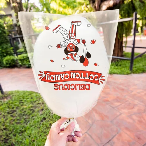 Vista 7 de Geyee 500 bolsas de algodón de azúcar con lazos, bolsas grandes de algodón transparente con estampado, ideales para carnavales, fiestas de verano