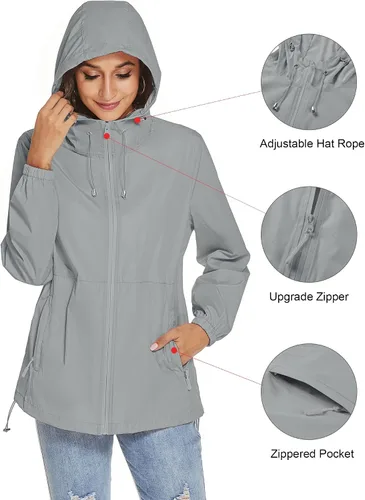 Vista 2 de TCOT Chubasqueros impermeables para mujer, ligeros, plegables, rompevientos con capucha para exteriores con bolsillos
