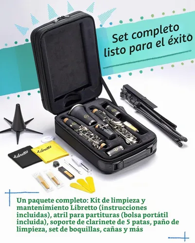 Vista 2 de Libretto Juego de clarinete Bb para principiantes e intermedios, boquilla y cañas de marca, soporte de música, kit de limpieza, instrucciones, funda