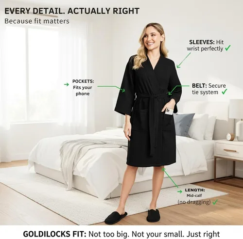 Vista 3 de Lotus Linen Women’s Lightweight Waffle Spa Robes – Soft Cotton Knee Length Bathrobe, Personalized Bridesmaids Robe Negro