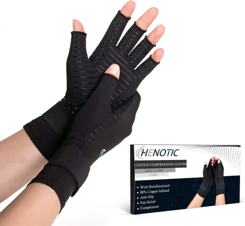 Vista 11 de Guantes de cobre para artritis para mujeres y hombres, guantes de compresión para artritis sin dedos para aliviar dolores en el túnel carpiano