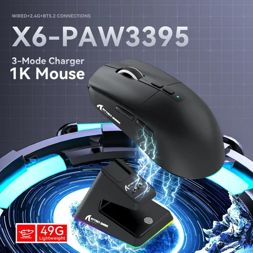 Vista 2 de ATTACK SHARK X6 - Mouse inalámbrico ligero para juegos con base de carga de retroiluminación RGB, cable trimodo/2.4GHz/BT5.2, 26K DPI, sensor óptico