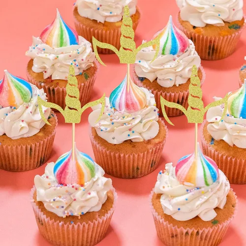 Vista 4 de 24 piezas de decoración de cupcakes de cuerno de unicornio para temática de unicornio, baby shower, cumpleaños, boda, compromiso, fiesta Cuerno