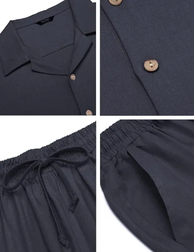 Vista 5 de COOFANDY Conjunto de 2 piezas de lino para hombre, camisa con botones y pantalones sueltos casuales
