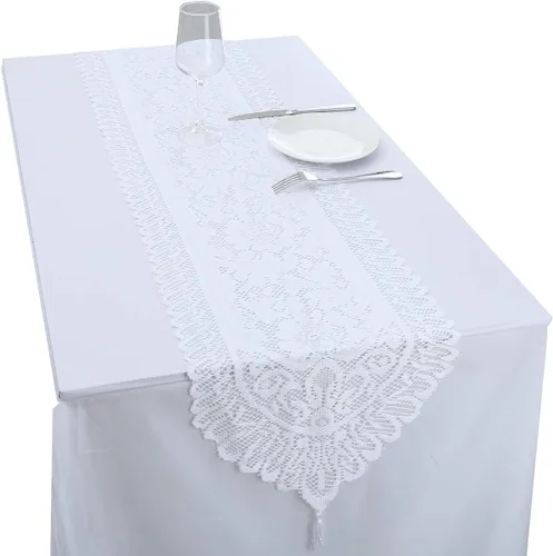 Vista 12 de rockcloud Camino de mesa de encaje para decoración de banquetes de boda, decoración de mesa de fiesta de Navidad, blanco, 13 x 70 pulgadas White E