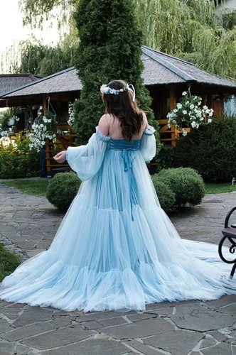 Vista 7 de Vestidos de maternidad de tul para sesión de fotos, batas de hombros descubiertos, manga larga, lencería nupcial, baby shower, vestidos de embarazo