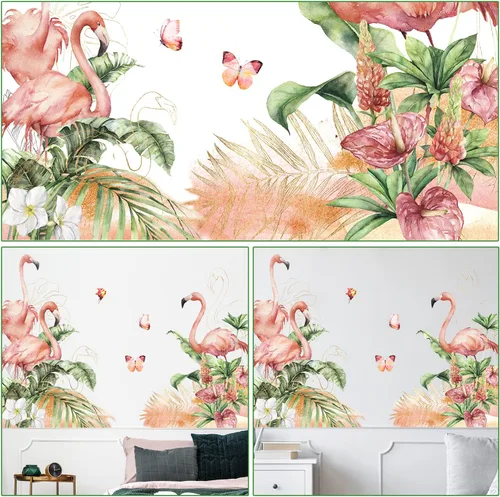 Vista 3 de RW-C328 Calcomanías de pared de flamenco rosa, plantas verdes tropicales, flores, calcomanías de pared para bricolaje, flamenco, floral, mariposa