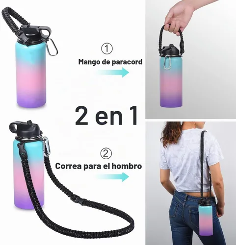 Vista 2 de Mango de cuerda de paracaídas con correa de hombro para correa de botella Hydro Flask Negro y blanco (Black and White Dot)