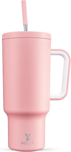 Vista 44 de Meoky - Vaso de 30 oz con asa, tapa y pajilla, taza de viaje térmica de acero inoxidable 100% a prueba de fugas, para portavasos, mantiene el frío