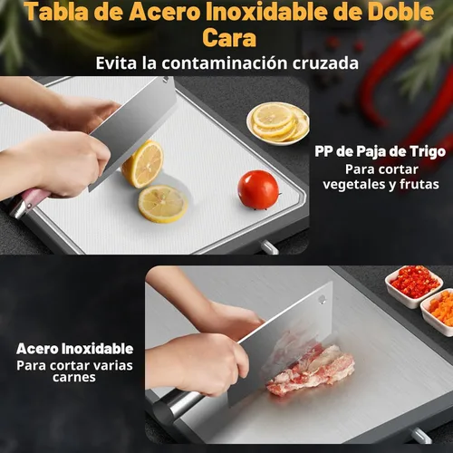 Vista 2 de Tabla de cortar de acero inoxidable, tablas de cortar de doble cara, tablas de cortar grandes para cocina, grado alimenticio, acero inoxidable
