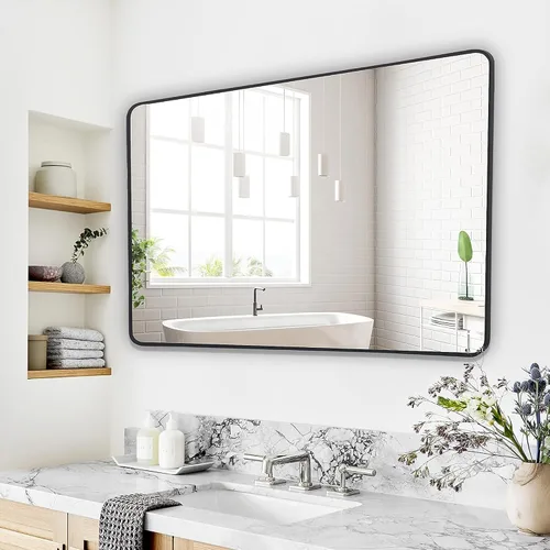 Vista 6 de Espejo de pared rectangular con marco de metal negro de 30 x 40 pulgadas, espejo rectangular grande y redondeado, antioxidante, se cuelga horizontal