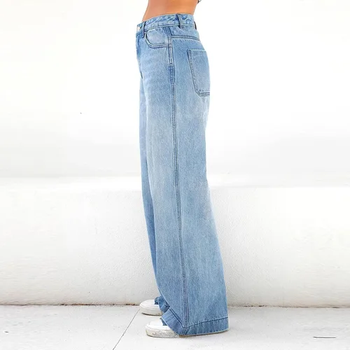 Vista 3 de Jeans casuales de pierna ancha para mujer, pantalones largos de mezclilla de cintura alta, pantalones holgados de moda con bolsillos, Azul oscuro