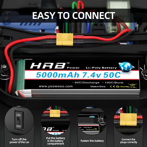 Vista 5 de HRB 7.4V 5000mAh 50C XT60 Lipo Batería Compatible con RC Car RC Plane RC Truck RC Boat