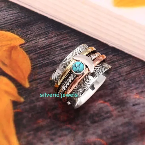 Vista 3 de Anillo giratorio de media luna turquesa con piedras preciosas de plata de ley, anillo giratorio de meditación, joyería de plata
