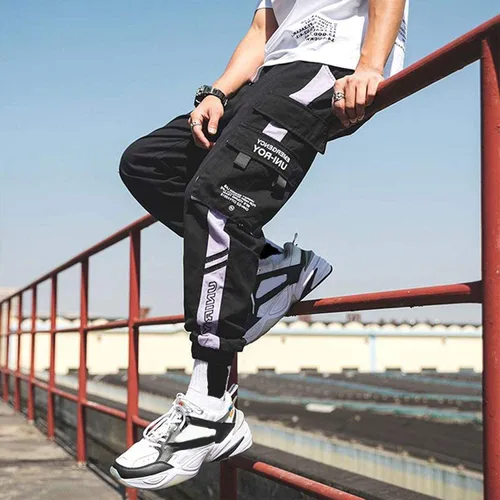 Vista 5 de XYXIONGMAO Pantalones deportivos casuales para hombre, pantalones deportivos holgados y casuales de hip hop, pantalones cargo negros para hombre