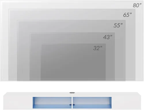 Vista 6 de WAMPAT Estante flotante de TV de 70 pulgadas con luz LED amarilla, soporte de TV flotante blanco montado en la pared con almacenamiento para TV