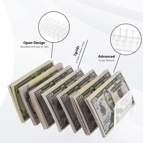 Vista 2 de Paquete de 2 bandejas acrílicas para dinero, bandeja de presupuesto de 7 secciones, organizador de dinero acrílico, organizador de dinero