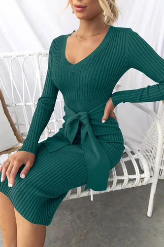 Vista 4 de ZESICA Vestido tipo suéter de otoño 2024 para mujer, cuello en V, manga larga, punto acanalado, cintura con lazo en la cintura, ajustado, vestidos