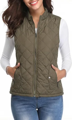 Vista 14 de Fuinloth Women's Quilted Vest Lightweight Puffer Stand Collar Zip Gilet Beige