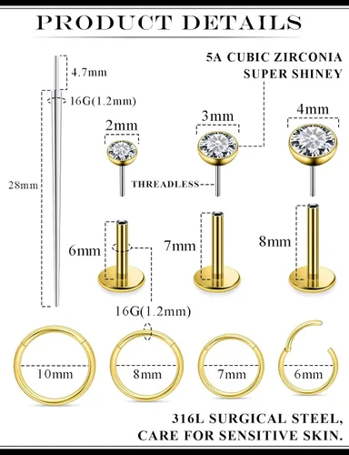 Vista 2 de Aretes de nariz de acero quirúrgico 316L, 20G, 18G y 16G, sin rosca, aretes de lóbulo para cartílago, cartílago, oreja, labio, piercing para mujeres
