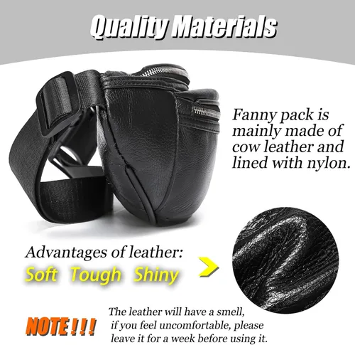 Vista 4 de Riñonera de cuero negro para hombres y mujeres, bolsa de cintura de cuero genuino con correa ajustable para caminar, senderismo, ciclismo, C805#Negro