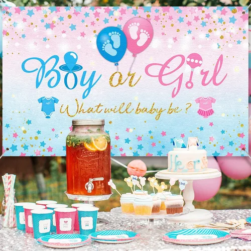 Vista 4 de Fondo de revelación de género para niño o niña, fondo azul y rosa para fiesta de revelación de género, cartel con texto en inglés «What Will Baby
