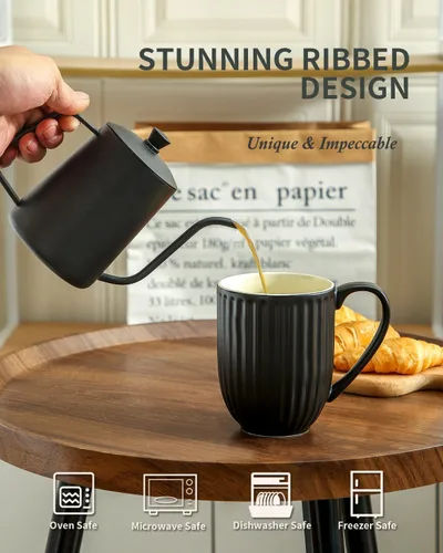 Vista 4 de Taza de café de cerámica HASENSE, taza grande de café de 20 oz con asa, taza de porcelana para café, té y cacao con diseño acanalado moderno, apta