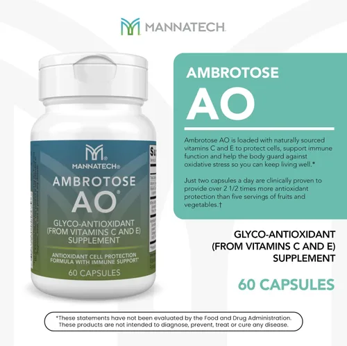 Vista 2 de Mannatech Ambrotose AO 60 cápsulas cargadas con vitamina C y vitamina E. Ayuda al cuerpo contra los radicales libres. Suplemento de apoyo