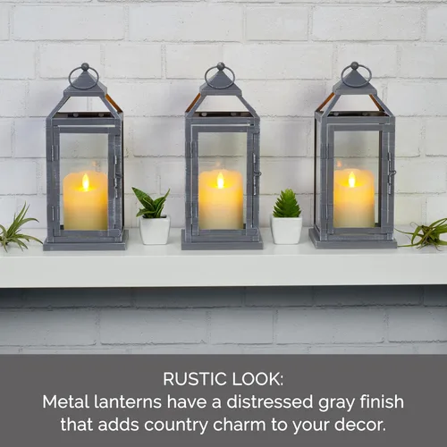 Vista 4 de Elements Faroles de metal con velas LED, juego de 3, 5.2 x 5.2 x 12 pulgadas, color gris