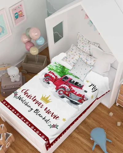 Vista 5 de Manta de forro polar suave con diseño de árbol de Navidad con texto en inglés «This is My Christmas» para ver películas navideñas, sofá, silla, sala
