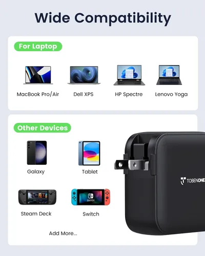 Vista 3 de TobenONE Cargador USB C de 100 W, adaptador de fuente de alimentación universal GaN III, cargador rápido plegable de repuesto PD3.0 para MacBook
